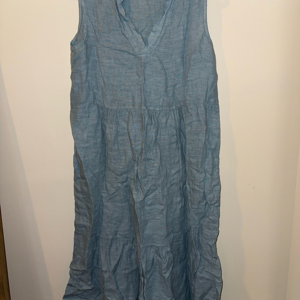 Sleeveless Blue Linen Midi Dress